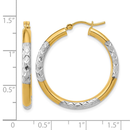 10K Yellow Gold With Rhodium Diamond Cut 3mm Hoop Earrings