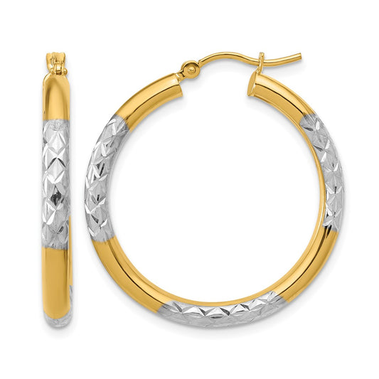 10K Yellow Gold With Rhodium Diamond Cut 3mm Hoop Earrings