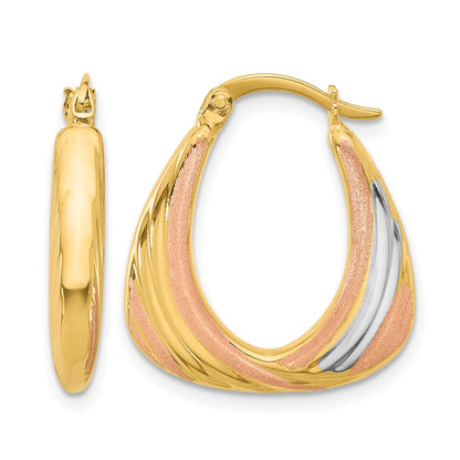 10K Two Tone White Rhodium Polished And Satin Hoop Earrings