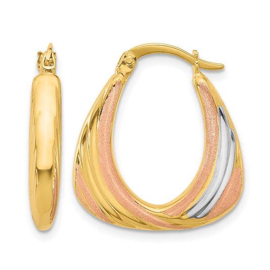 10K Two Tone White Rhodium Polished And Satin Hoop Earrings
