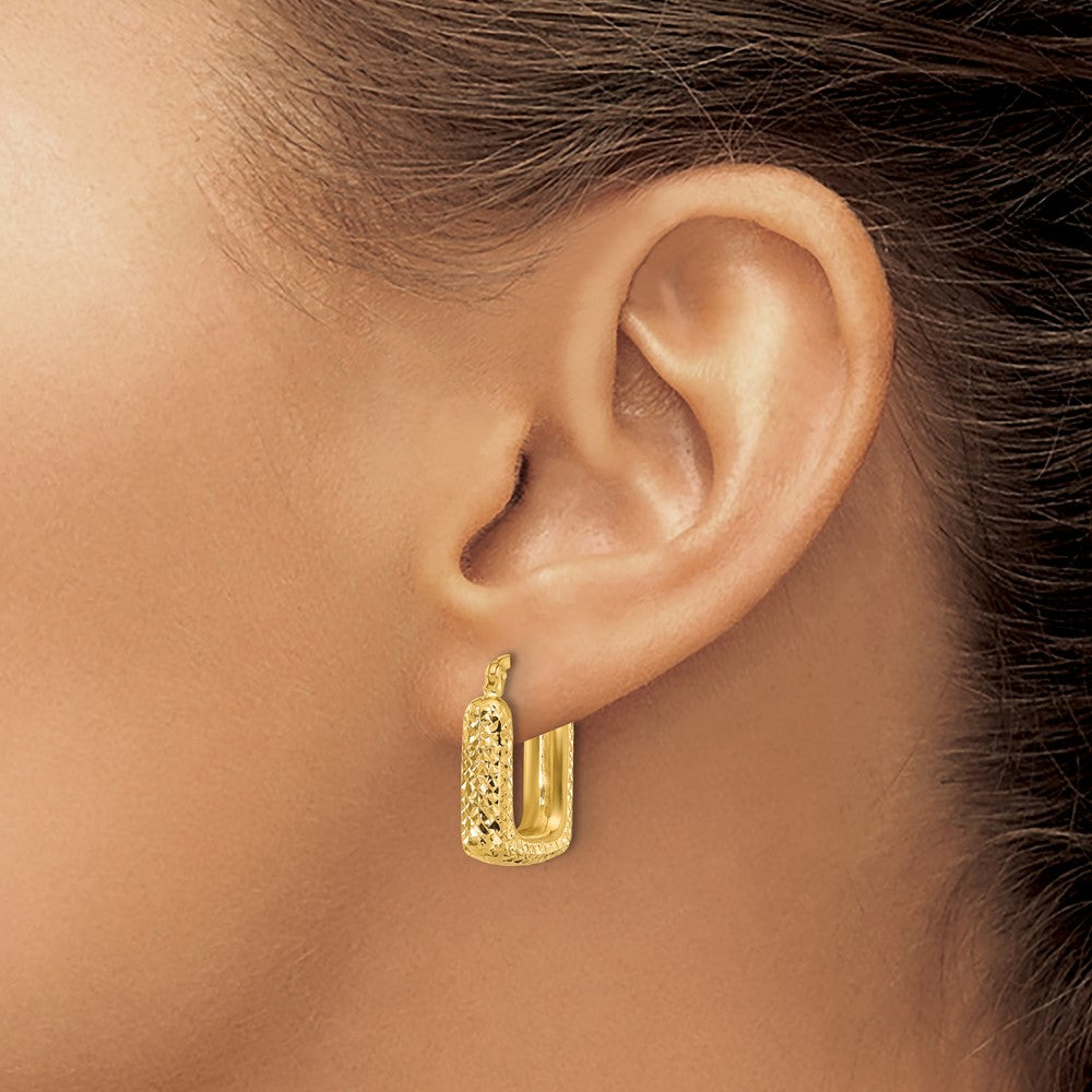 10K Yellow Gold Polished And Diamond Cut Square Hoop Earrings