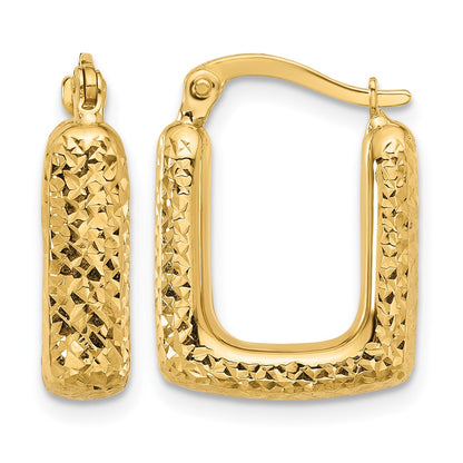 10K Yellow Gold Polished And Diamond Cut Square Hoop Earrings