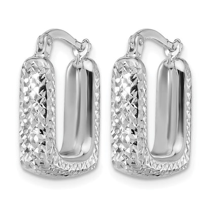 10K White Gold Polished And Diamond Cut Square Hoop Earrings