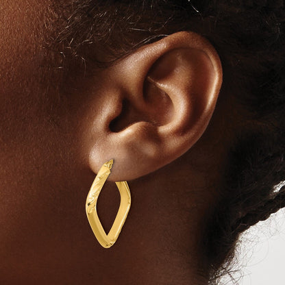 10K Yellow Gold Polished And Diamond Cut Square Hoop Earrings