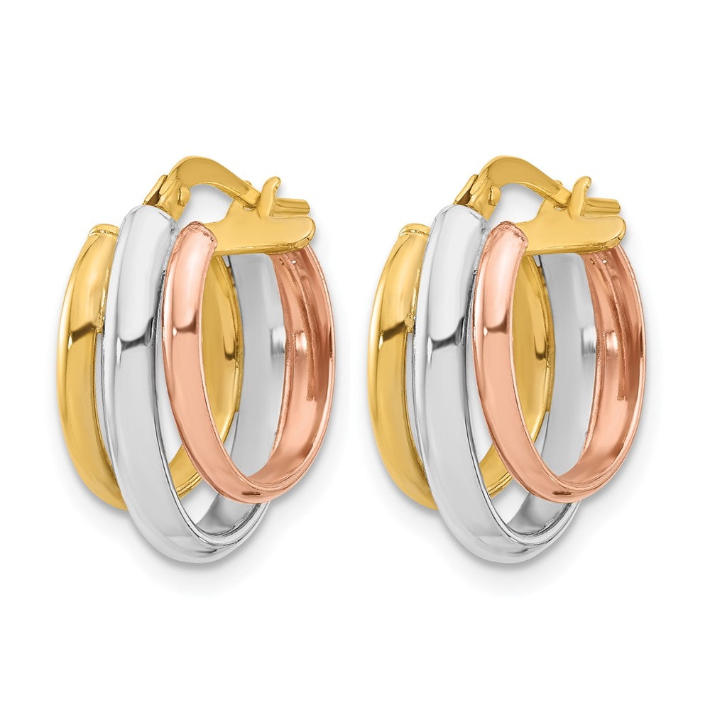 10K Yellow Rhodium With White And Rose Gold Plating Polished 3 Row Oval Hoop Earrings