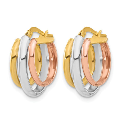 10K Yellow Rhodium With White And Rose Gold Plating Polished 3 Row Oval Hoop Earrings