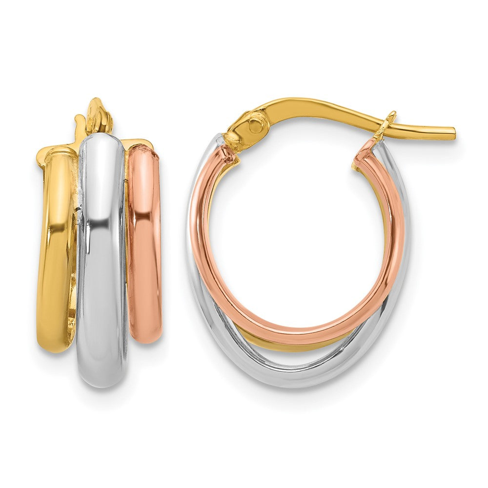10K Yellow Rhodium With White And Rose Gold Plating Polished 3 Row Oval Hoop Earrings