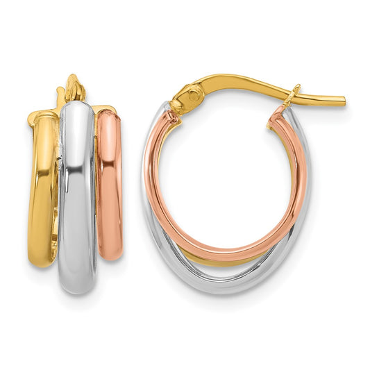 10K Yellow Rhodium With White And Rose Gold Plating Polished 3 Row Oval Hoop Earrings