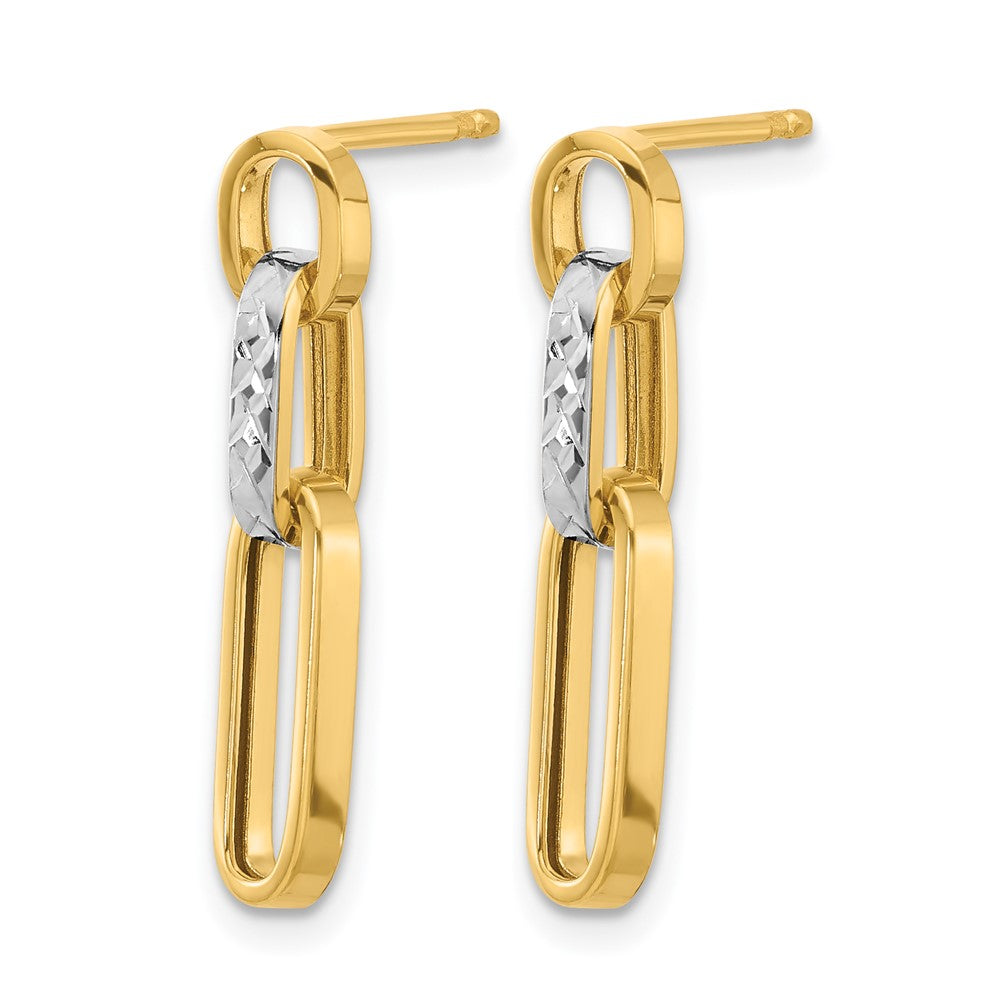 10K Yellow Rhodium Polished And D/C Link Dangle Post Earrings