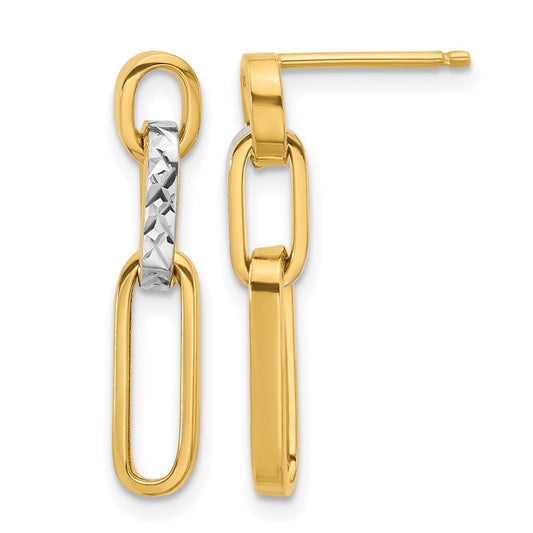10K Yellow Rhodium Polished And D/C Link Dangle Post Earrings