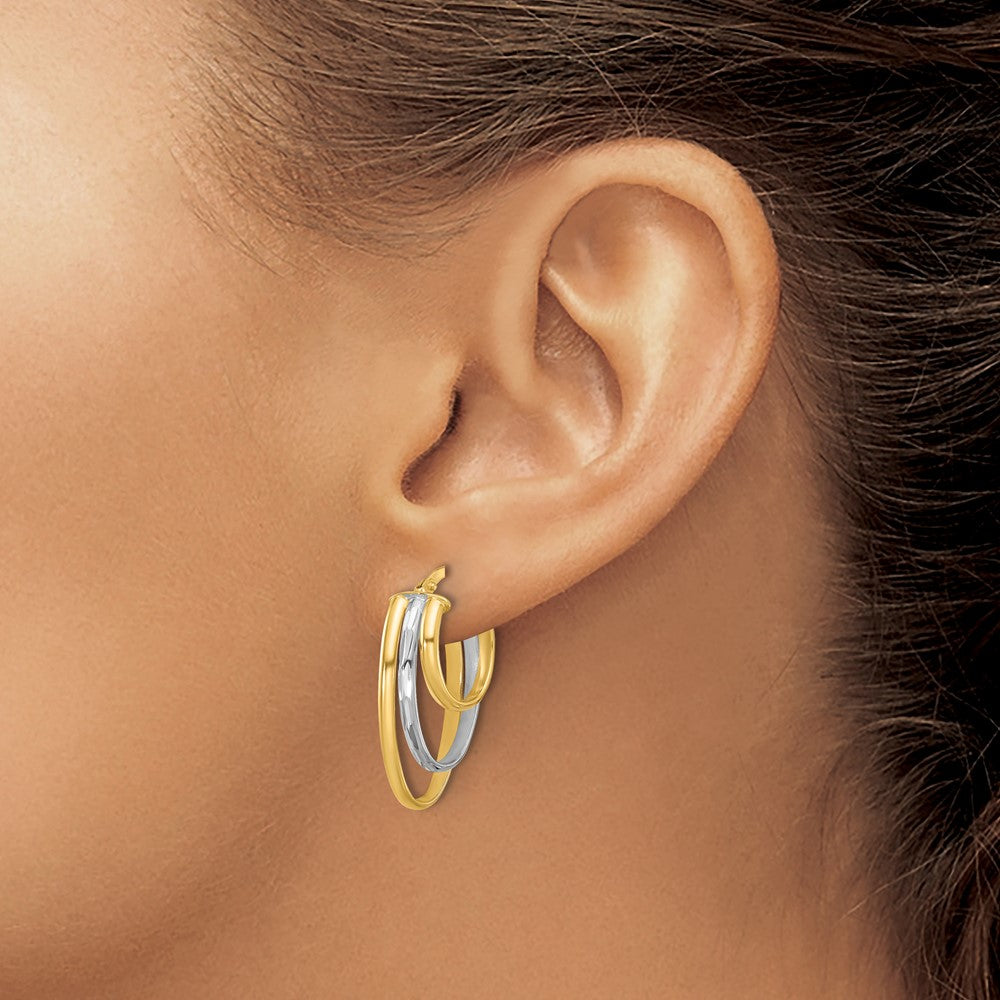 10K Yellow Rhodium White Polished 3 Row Oval Hoop Earrings