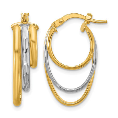 10K Yellow Rhodium White Polished 3 Row Oval Hoop Earrings