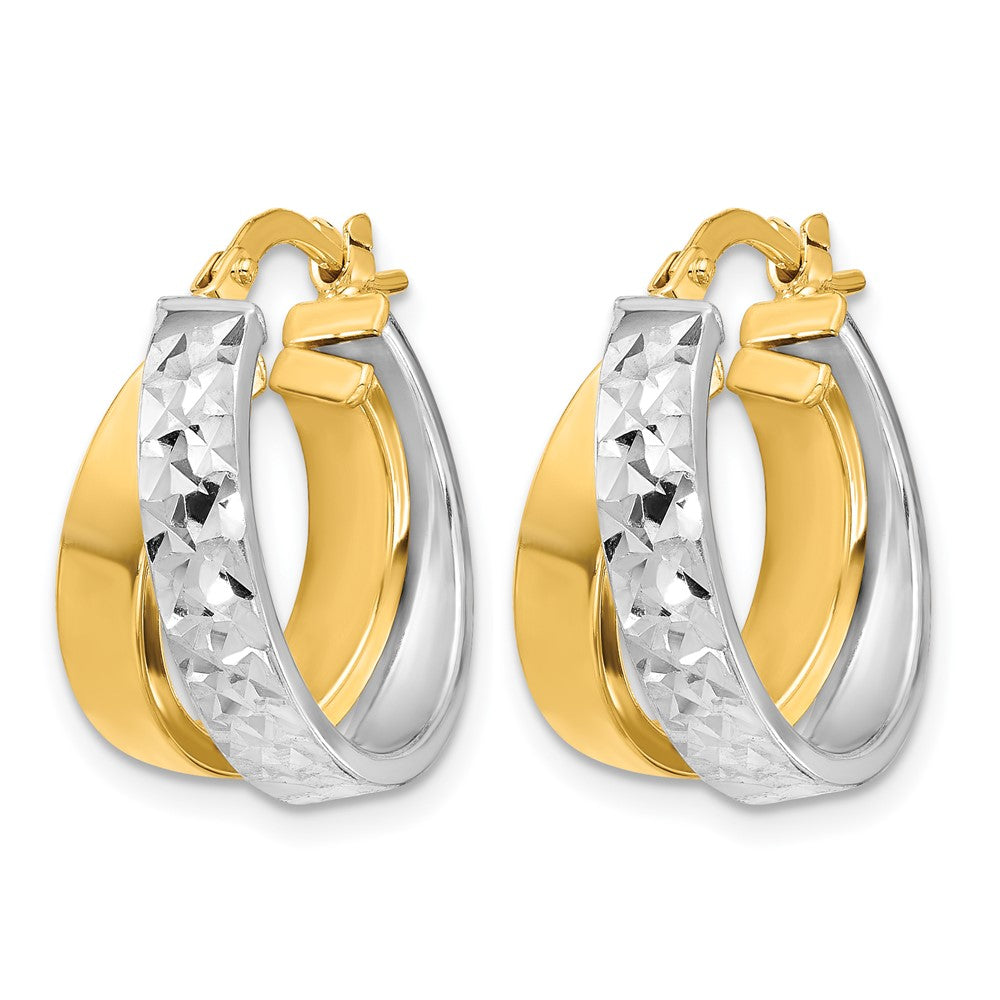 10K Yellow Rhodium White Polished And Diamond Cut Hoop Earrings