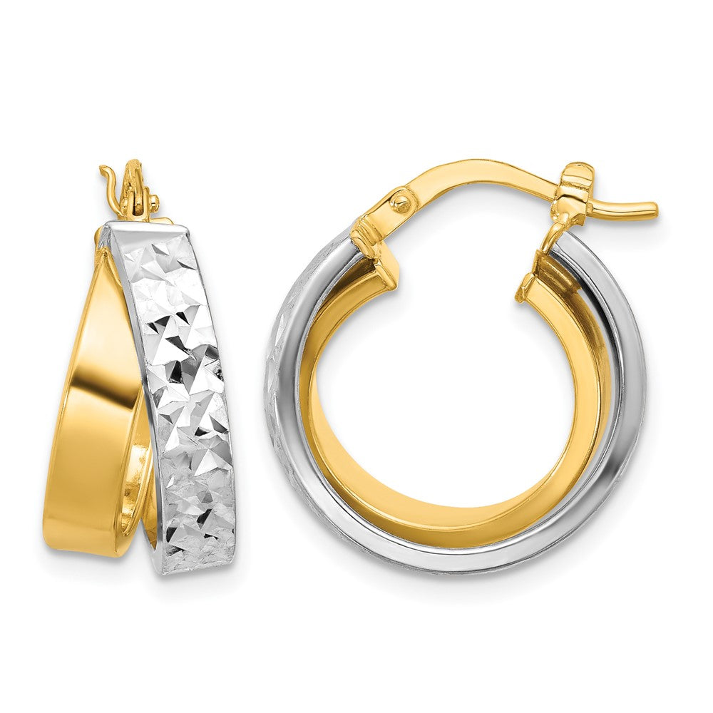 10K Yellow Rhodium White Polished And Diamond Cut Hoop Earrings