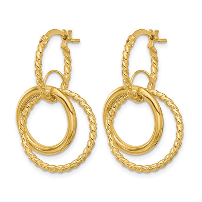 10K Yellow Gold Polished And Twisted Dangle Circles Hoop Earrings