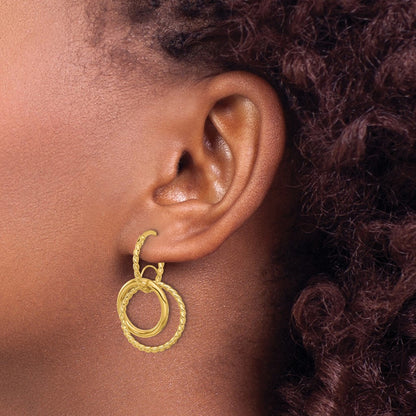 10K Yellow Gold Polished And Twisted Dangle Circles Hoop Earrings