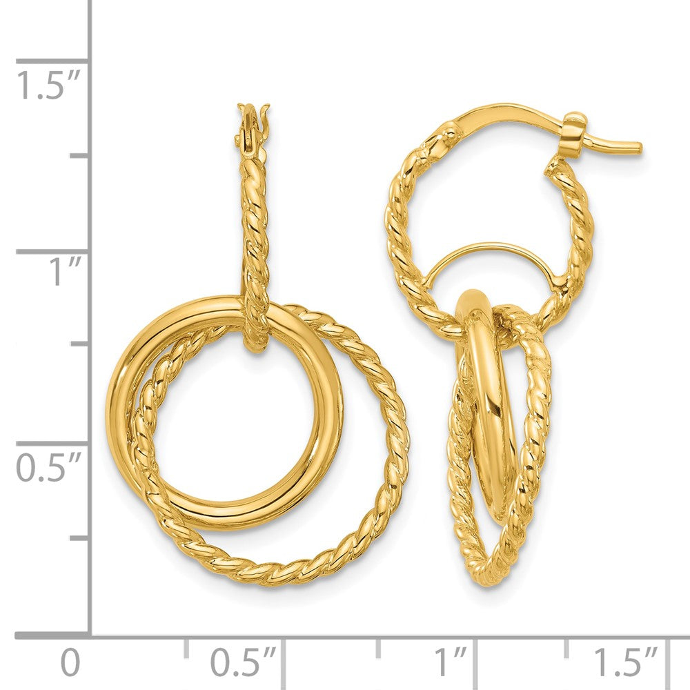 10K Yellow Gold Polished And Twisted Dangle Circles Hoop Earrings