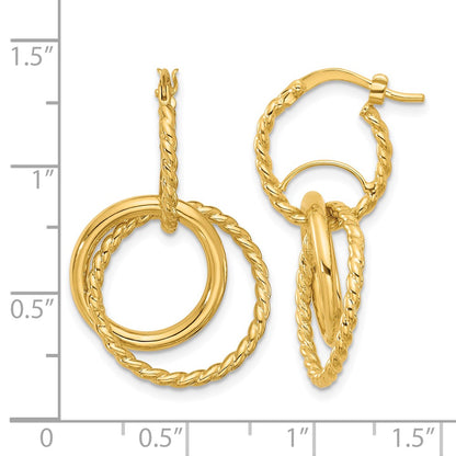 10K Yellow Gold Polished And Twisted Dangle Circles Hoop Earrings