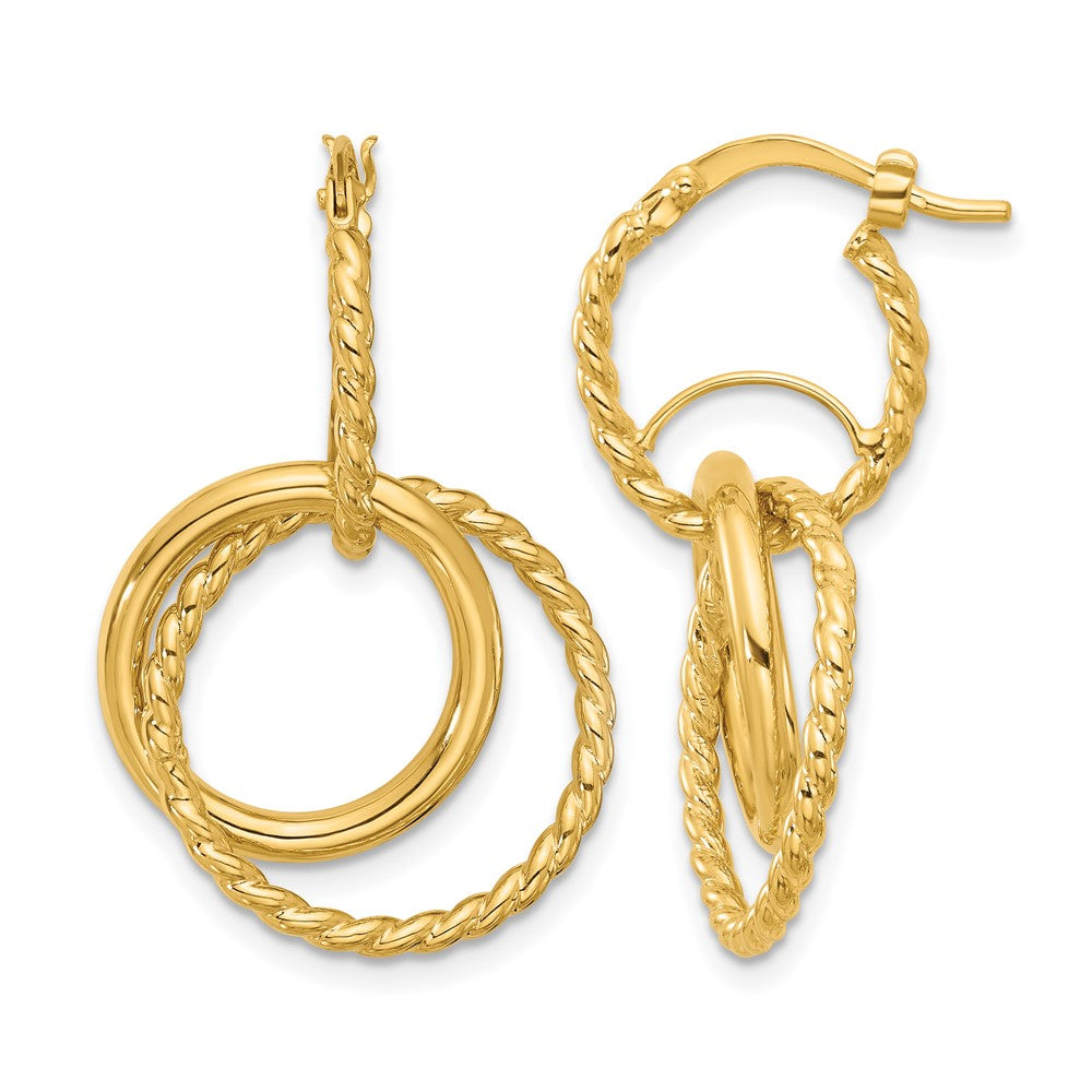 10K Yellow Gold Polished And Twisted Dangle Circles Hoop Earrings