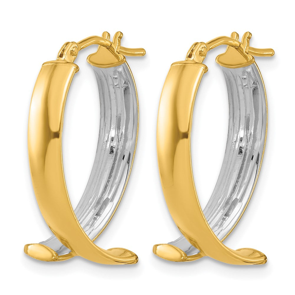 10K Yellow Rhodium White Polished And Textured Fancy Hoop Earrings