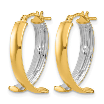 10K Yellow Rhodium White Polished And Textured Fancy Hoop Earrings