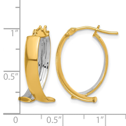 10K Yellow Rhodium White Polished And Textured Fancy Hoop Earrings