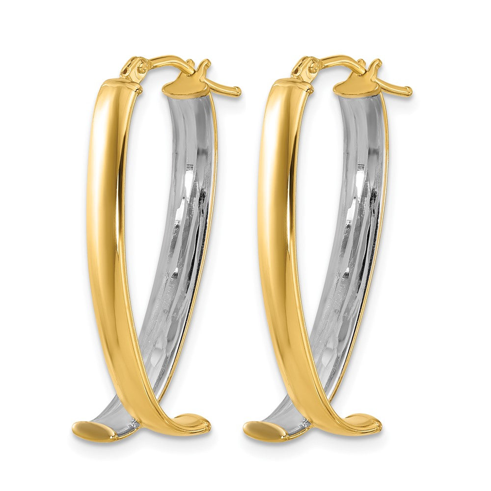 10K Yellow Rhodium White Polished And Textured Fancy Hoop Earrings