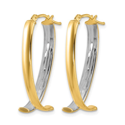 10K Yellow Rhodium White Polished And Textured Fancy Hoop Earrings