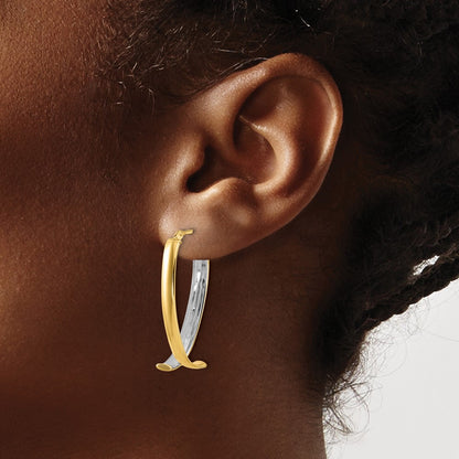 10K Yellow Rhodium White Polished And Textured Fancy Hoop Earrings