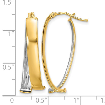 10K Yellow Rhodium White Polished And Textured Fancy Hoop Earrings