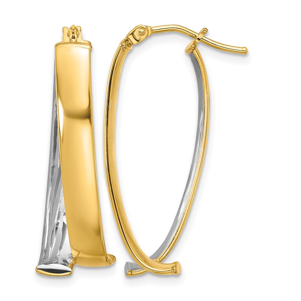 10K Yellow Rhodium White Polished And Textured Fancy Hoop Earrings