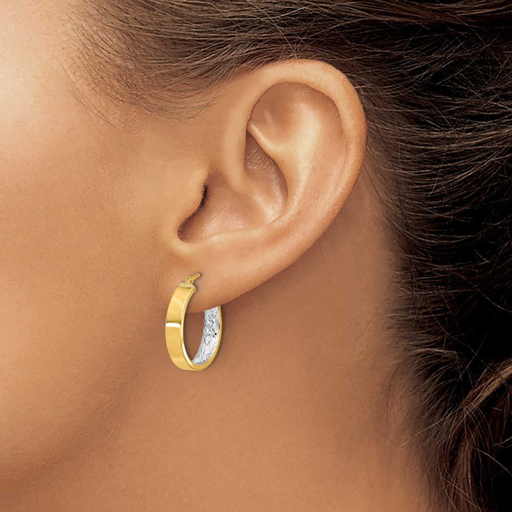 10K Yellow Rhodium W/ White Polished And Diamond Cut Hoop Earrings