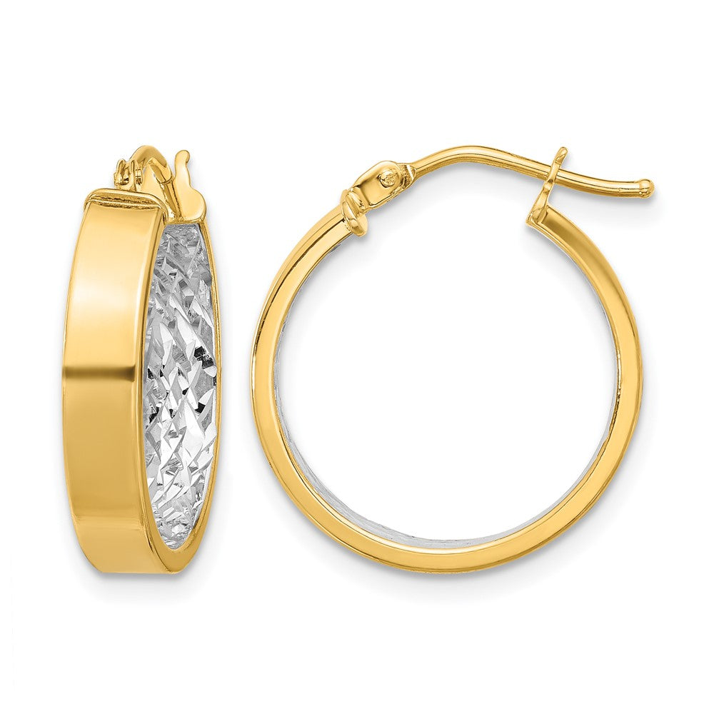 10K Yellow Rhodium W/ White Polished And Diamond Cut Hoop Earrings