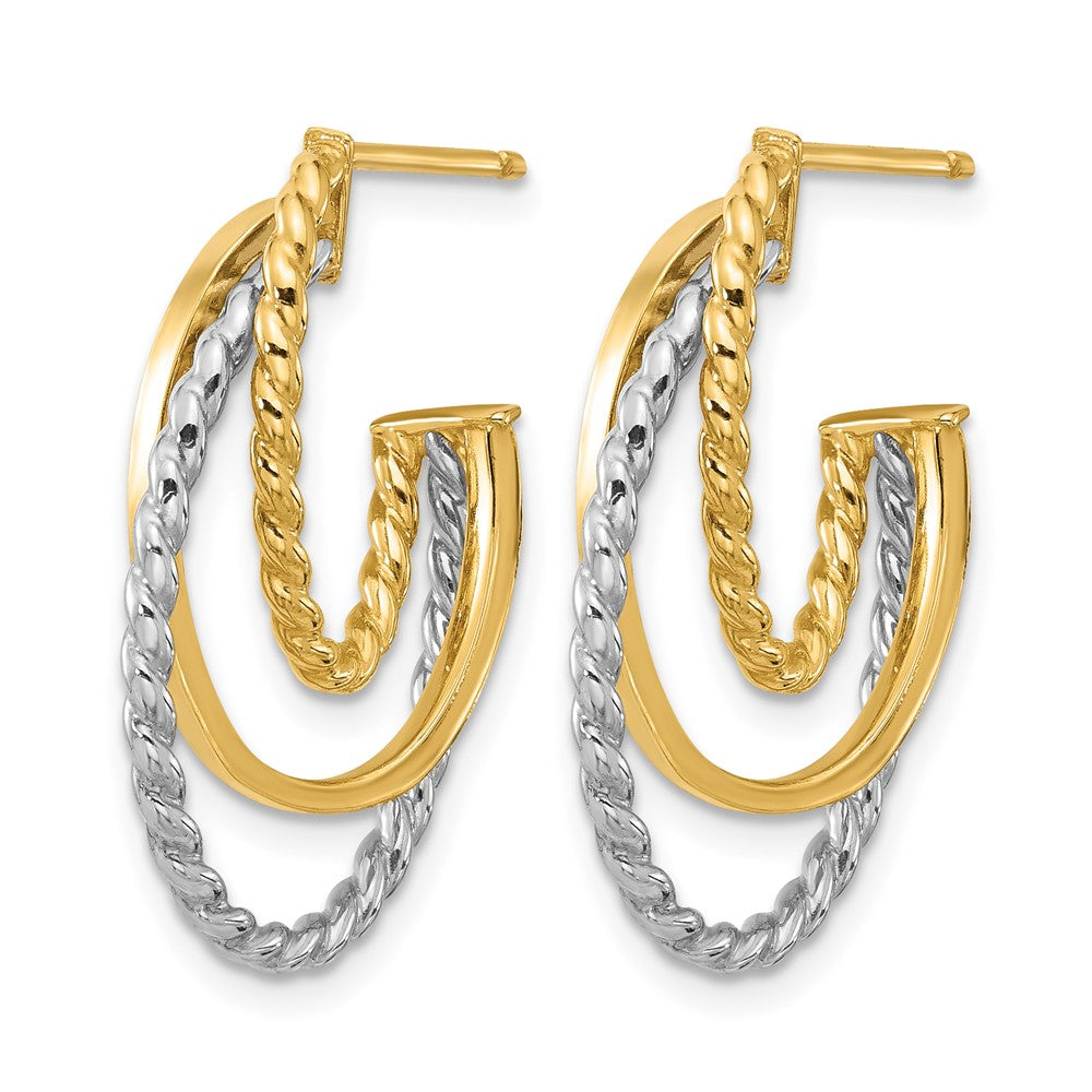 10K Yellow Rhodium White Polished/Twisted Oval J Hoop Post Earrings