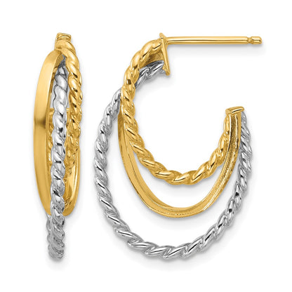 10K Yellow Rhodium White Polished/Twisted Oval J Hoop Post Earrings