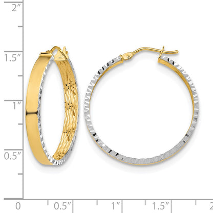 10K Yellow Rhodium W/ White Polished And Diamond Cut Hoop Earrings