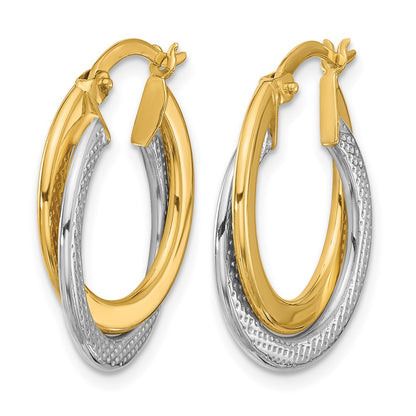 10K Yellow Rhodium With Polished And Textured Fancy Hoop Earrings
