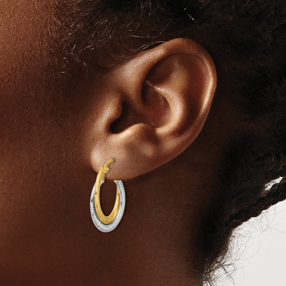 10K Yellow Rhodium With Polished And Textured Fancy Hoop Earrings