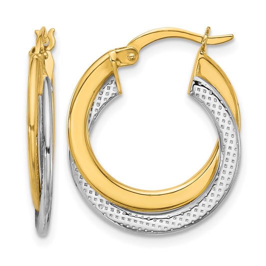 10K Yellow Rhodium With Polished And Textured Fancy Hoop Earrings
