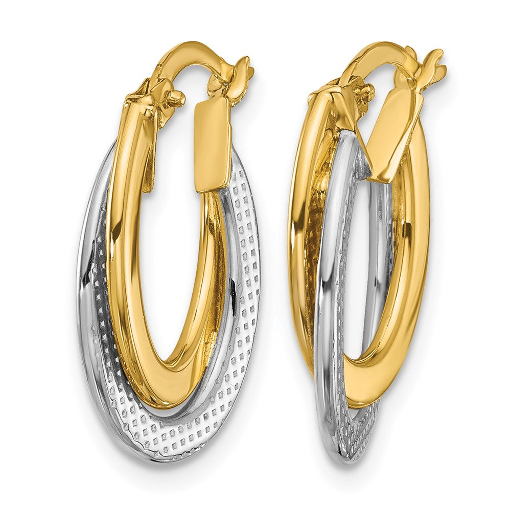 10K Yellow Rhodium With Polished And Textured Fancy Hoop Earrings