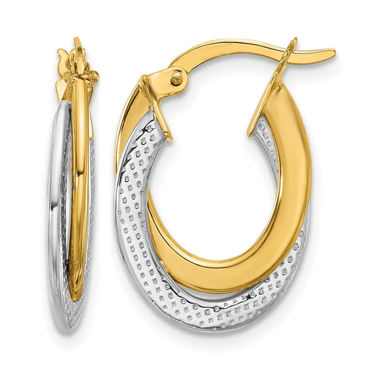 10K Yellow Rhodium With Polished And Textured Fancy Hoop Earrings