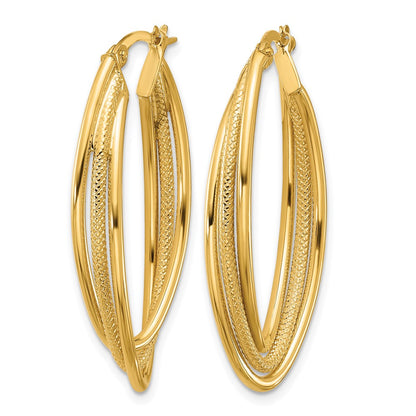 10K Yellow Gold Polished And Textured Triple Oval Twist Hoop Earrings