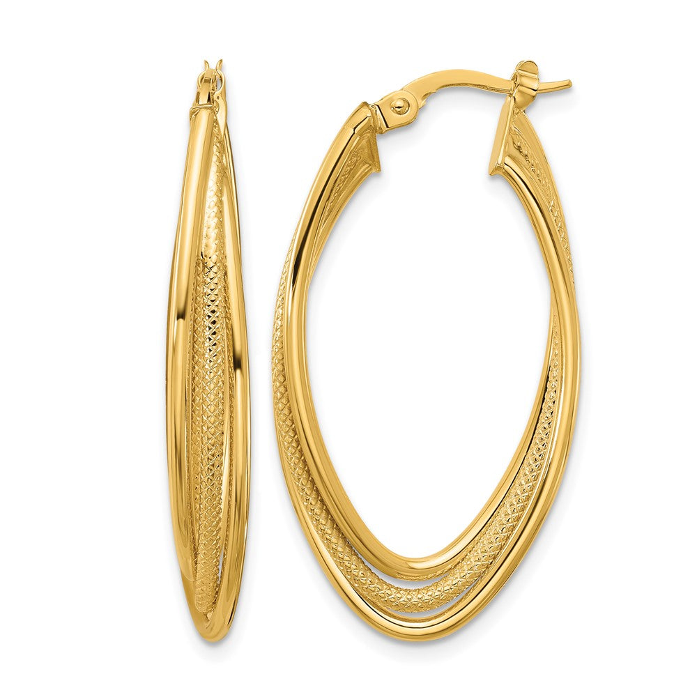 10K Yellow Gold Polished And Textured Triple Oval Twist Hoop Earrings