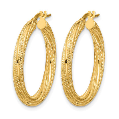 10K Yellow Gold Polished And Textured Twisted Tube Hoop Earrings