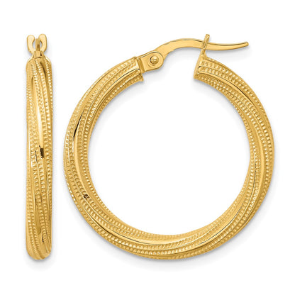 10K Yellow Gold Polished And Textured Twisted Tube Hoop Earrings