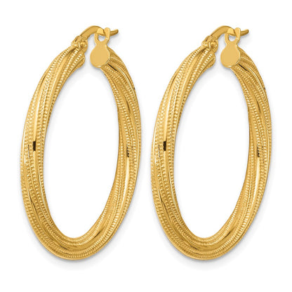10K Yellow Gold Polished And Textured Twisted Tube Hoop Earrings