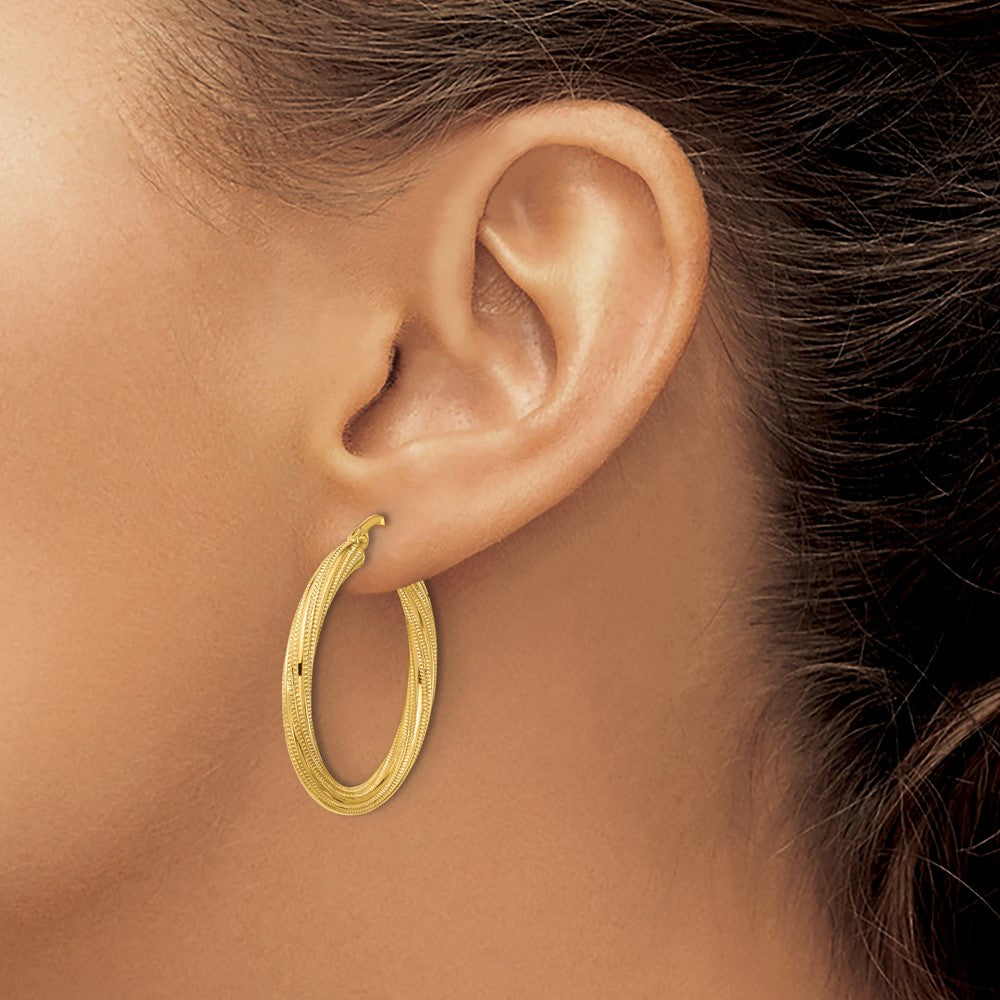 10K Yellow Gold Polished And Textured Twisted Tube Hoop Earrings