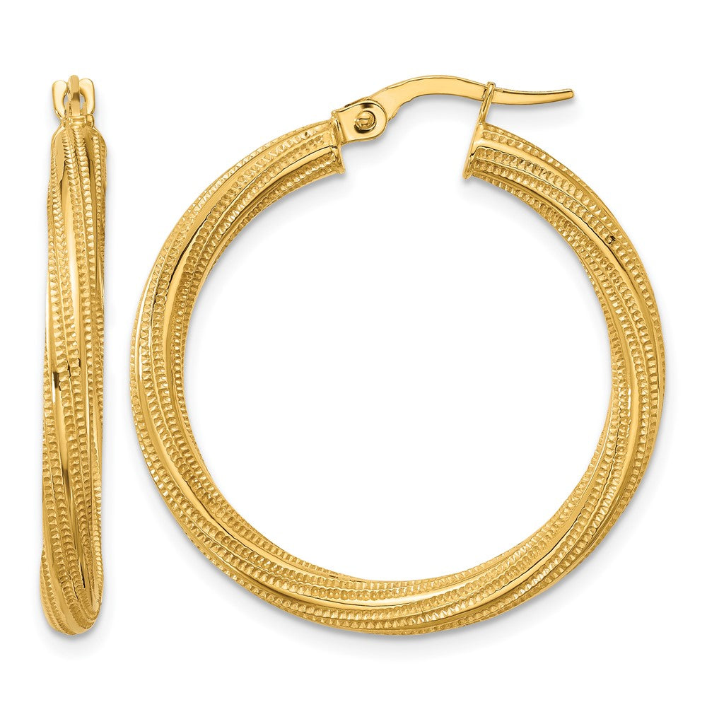10K Yellow Gold Polished And Textured Twisted Tube Hoop Earrings