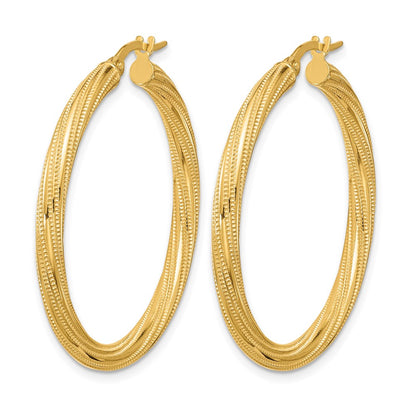 10K Yellow Gold Polished And Textured Twisted Tube Hoop Earrings