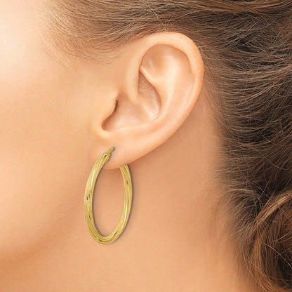 10K Yellow Gold Polished And Textured Twisted Tube Hoop Earrings